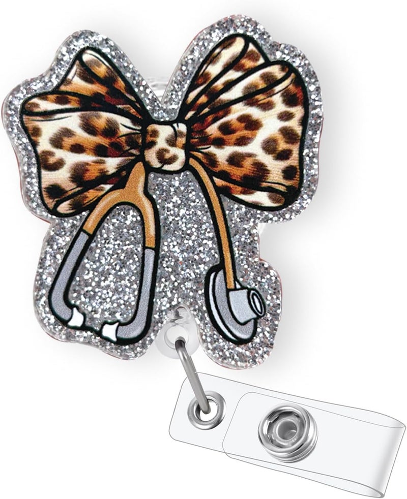 Bydevia Funny Stethoscope Leopard Bow Badge Reel Retractable for Nurse Nursing RN CNA LPN & Medical Assistant, Glitter Cheetah Print Bow ID Badge Holder with Alligator Clip & 24” Durable Nylon Cord | Acrylic - Image 1